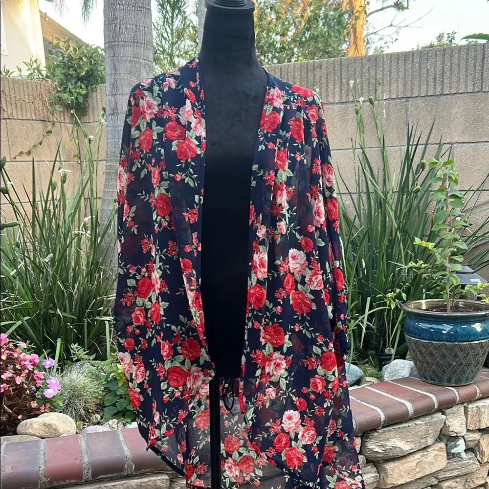 Floral Sheer Kimono Jacket - Red and Black - Picture 1 of 9